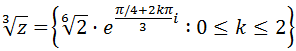 Proporcionamos la fórmula para calcular las n raíces enésimas de un número complejo z. Calculamos y representamos, a modo de ejemplo, las raíces quintas de z = i, las raíces cúbicas de z =1+i y las raíces cuartas de z = 1. Las n raíces enésimas son los vértices de un polígono regular de n lados. Números complejos o imaginarios. Bachillerato y Universidad. Matemáticas