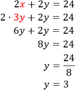 resolvemos el sistema 2x + 2y = 24, x = 3y por sustitución obteniendo y = 3 problemas de sistemas de ecuaciones