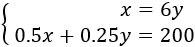 sistema de ecuaciones del problema: x = 6y, 0.5x + 0.25y = 200 problemas de sistemas de ecuaciones