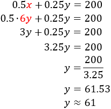 resolvemos el sistema x = 6y, 0.5x + 0.25y = 200 por sustitución problemas de sistemas de ecuaciones