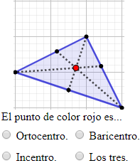 Problemas interactivos para aprender geometría plana. Poligonos regulares e irregulares (triángulo, cuadrado, rombo, romboide, rectángulo, pentágono y hexágono), clasificación de triángulos según la amplitud de sus ángulos (obtusángulo, rectángulo, acutángulo) y según sus lados (escaleno, isósceles y equilátero), clasificación de los cuadriláteros (cuadrado, rectángulo, rombo y romboide), clasificación de los ángulos y elementos de un triángulo (mediana, bisectriz, altura, ortocentro, baricentro e incentro) . TIC. Secundaria. Ejercicios en línea.