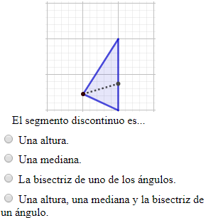 Problemas interactivos para aprender geometría plana. Poligonos regulares e irregulares (triángulo, cuadrado, rombo, romboide, rectángulo, pentágono y hexágono), clasificación de triángulos según la amplitud de sus ángulos (obtusángulo, rectángulo, acutángulo) y según sus lados (escaleno, isósceles y equilátero), clasificación de los cuadriláteros (cuadrado, rectángulo, rombo y romboide), clasificación de los ángulos y elementos de un triángulo (mediana, bisectriz, altura, ortocentro, baricentro e incentro) . TIC. Secundaria. Ejercicios en línea.